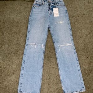 Zara blue knee ripped jeans mid rise full length size 32